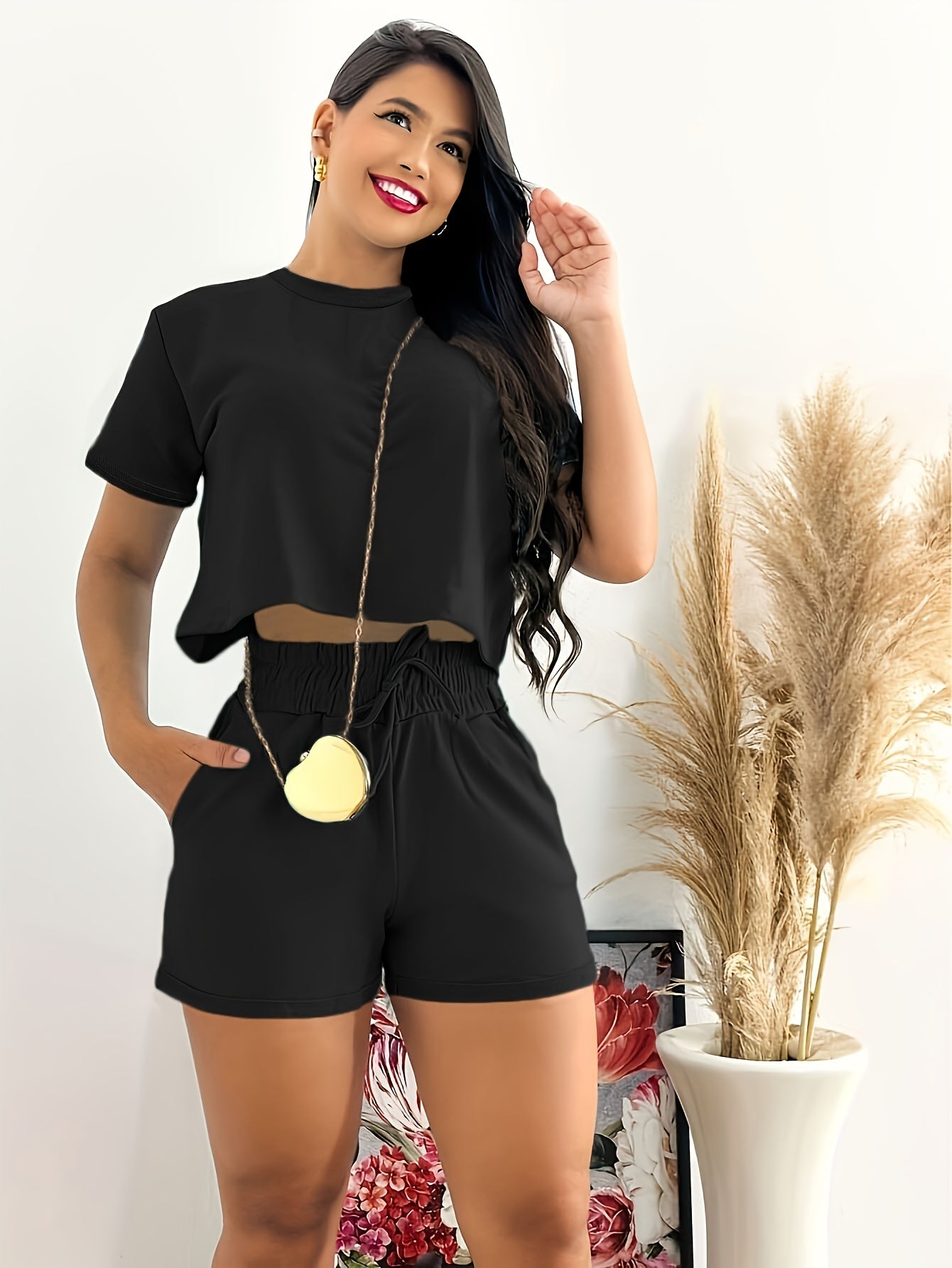Solid Color Simple Casual Shorts Set, Crew Neck Short Sleeve Crop Top & Tie Waist Shorts Outfits For Spring & Summer, Women's Clothing